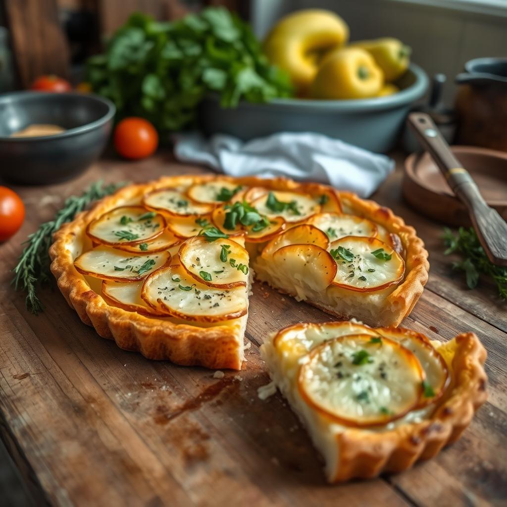 Recette de tarte aux pommes de terre et Scamorza fumée Recette de tarte aux pommes de terre et Scamorza fumée