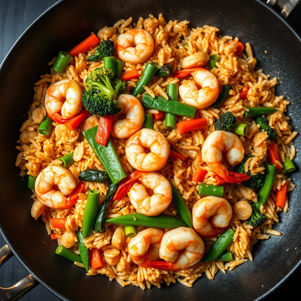 riz sauté aux crevettes et légumes