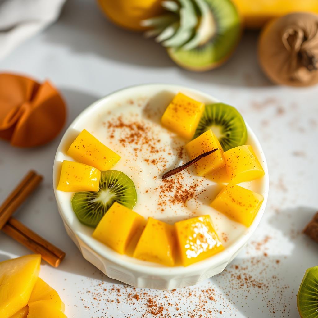 Personnalisation crème aux œufs avec fruits frais et épices