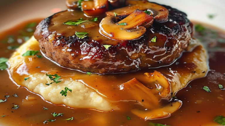 Salisbury Steak avec Purée de Pommes de Terre à l’Ail