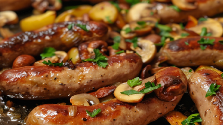 Saucisses, Champignons et Pommes de Terre au Four