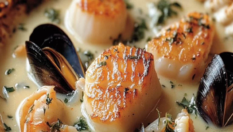 Feuilleté aux Saint-Jacques, Moules et Crevettes en Sauce Crémeuse