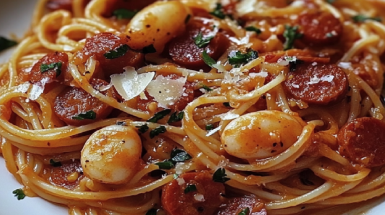Spaghetti à la Crème de Poivron, Chorizo et Crevettes