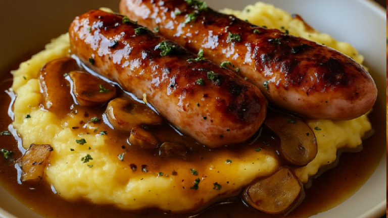 Bangers et Purée avec Sauce à l’Oignon : Recette Simple