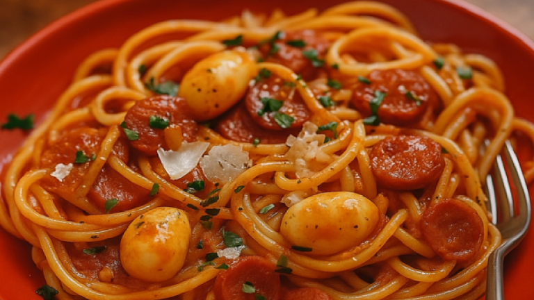 Spaghetti à la Crème de Poivron, Chorizo et Crevettes