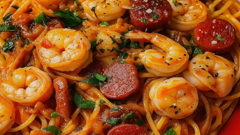 Spaghetti à la Crème de Poivron, Chorizo et Crevettes