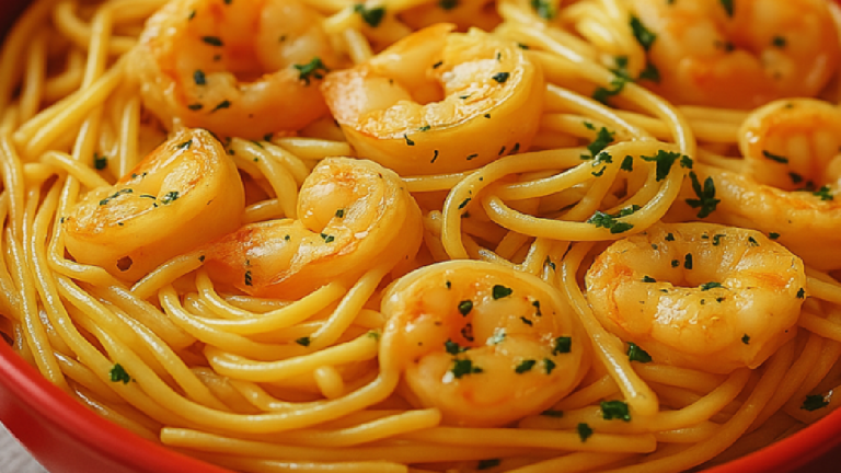 Spaghettis aux Crevettes, Crème Ail & Persil