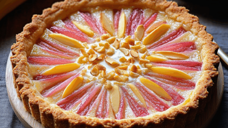 Tarte à la Rhubarbe Classique avec Crème Vanillée et Amandes