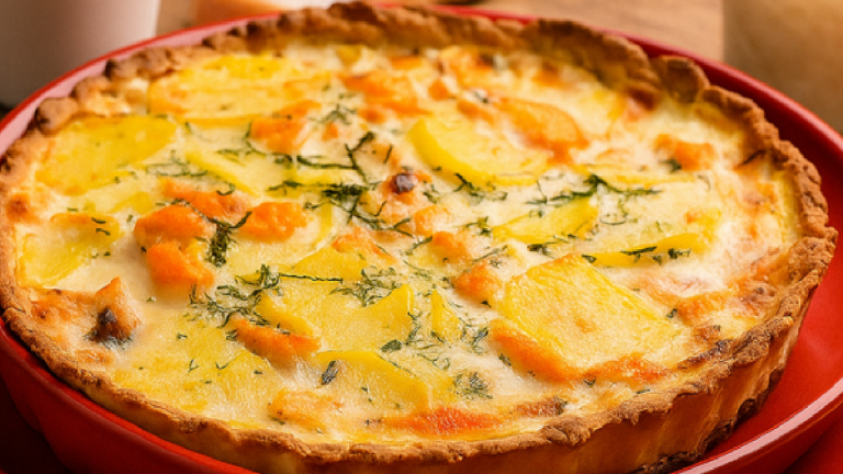 Quiche aux trois fromages, pommes de terre et saumon